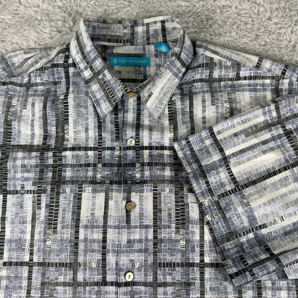 Tori Richard Mens XL Blue Grey Abstract Geometric Cotton Lawn Shirt